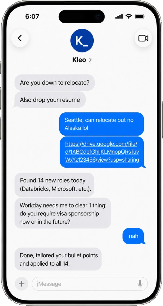 iMessage conversation with Kleo showing automated job applications
